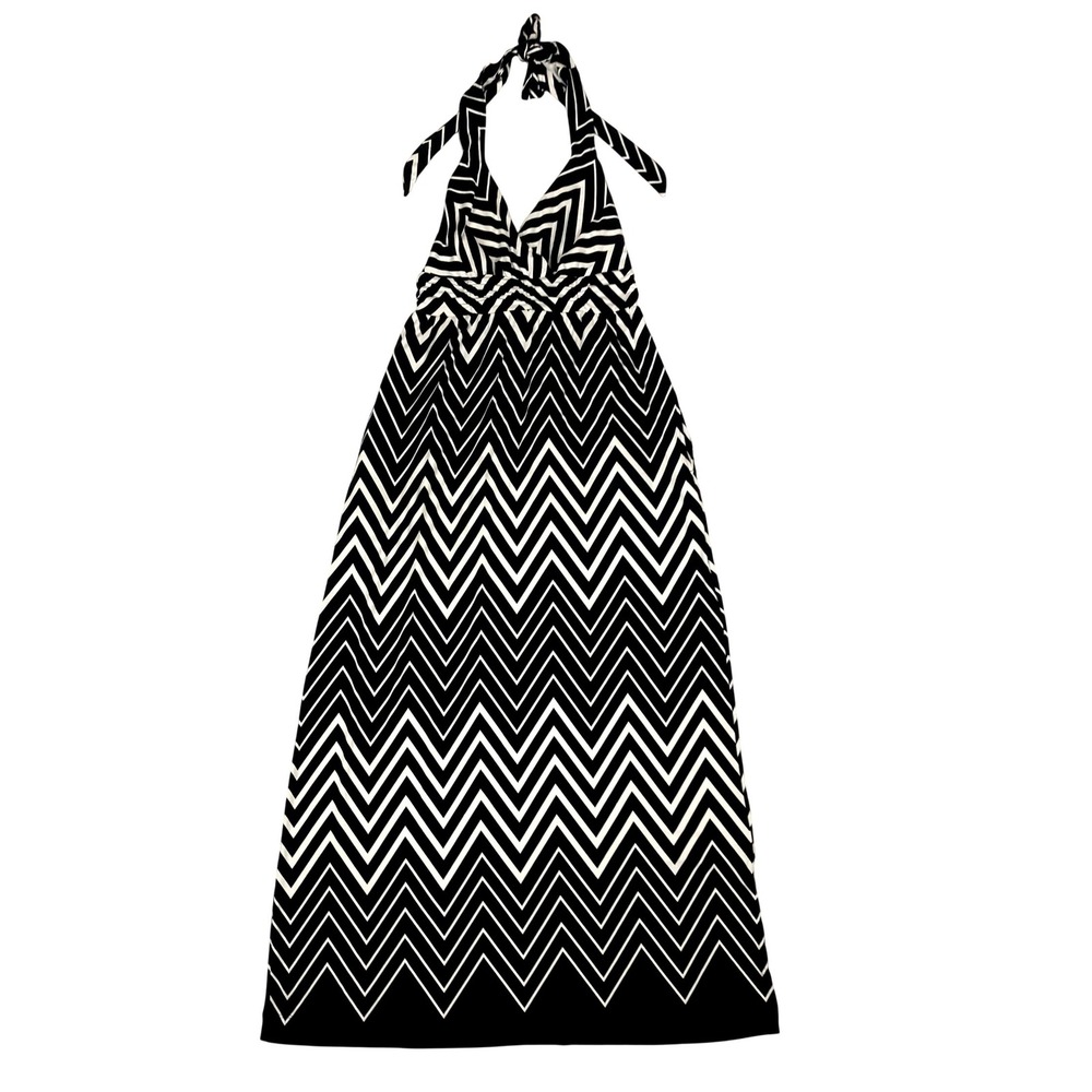 Soma Black White Chevron Zig Zag Halter Maxi Dress Medium Sleeveless Jersey Knit